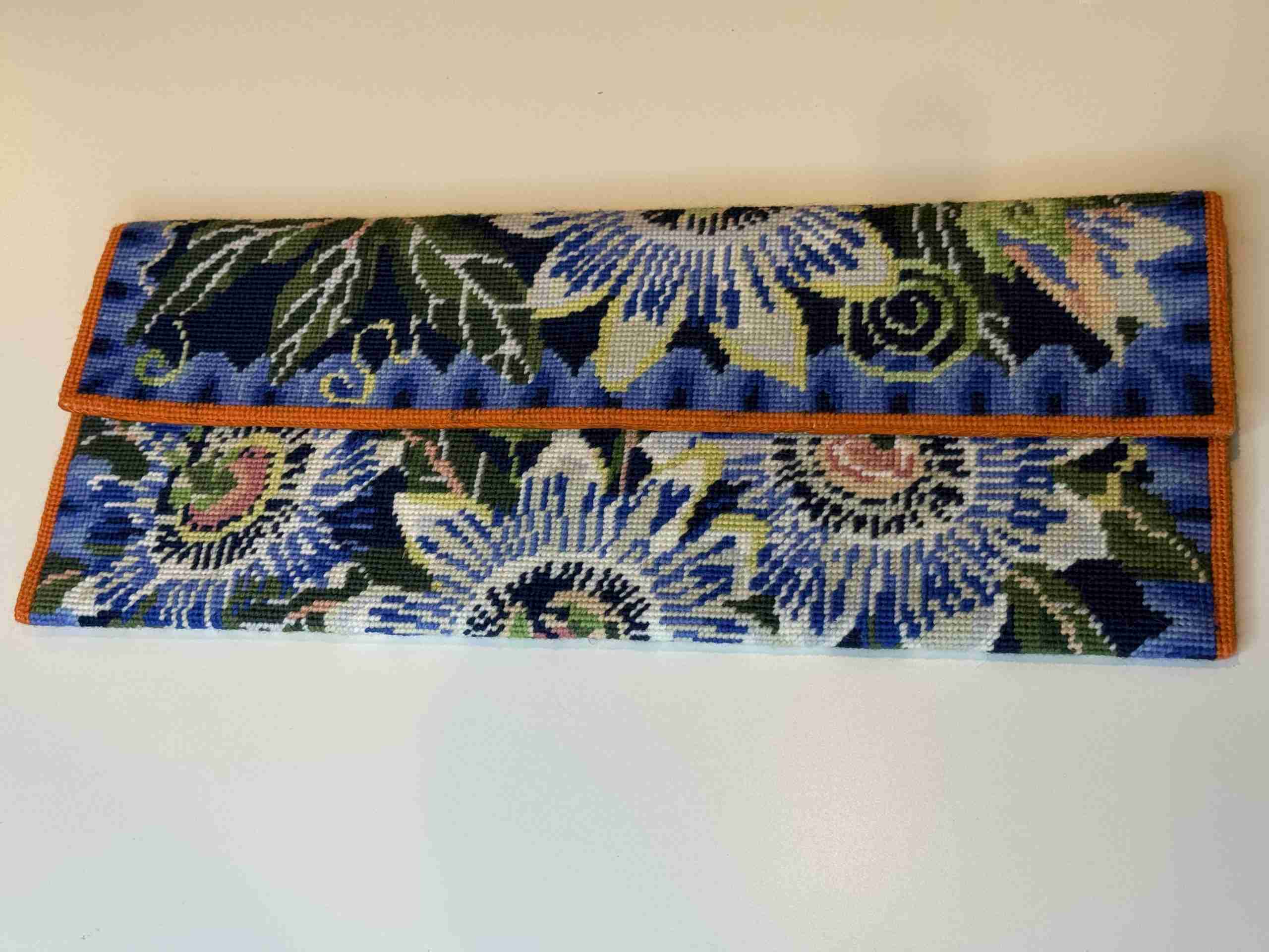 Blue Passion Flowers Needlepoint Clutch Bag